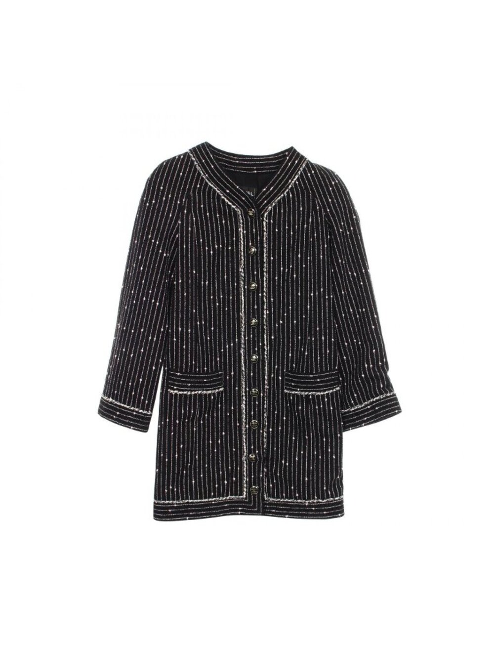 Chanel CC Logo Button Stripe Collarless Cotton Coat